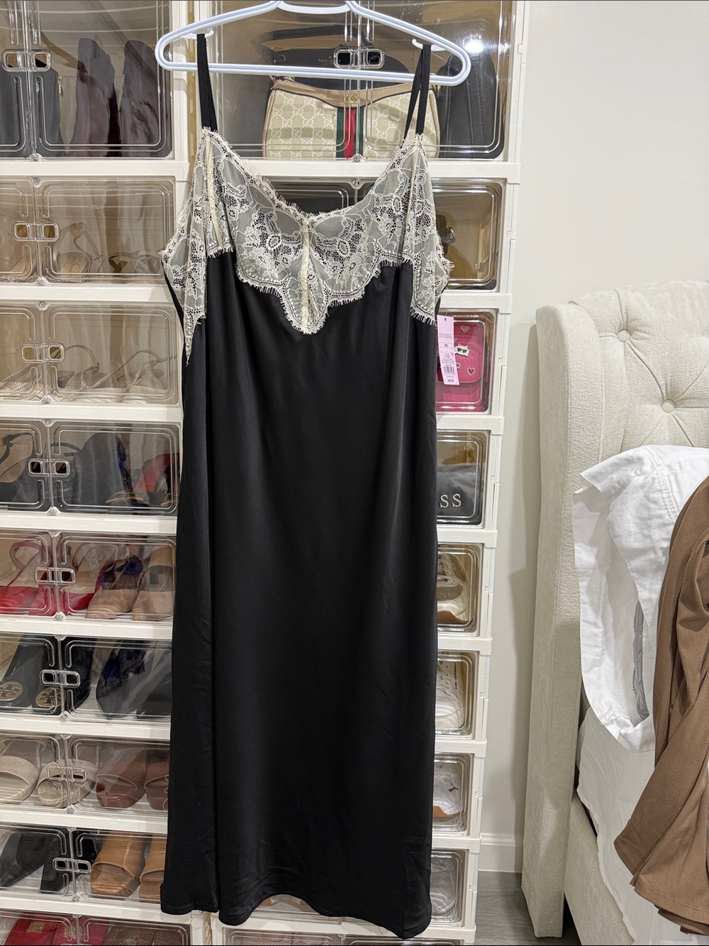 wild fable Black Slip Dress with Ivory Lace Accents